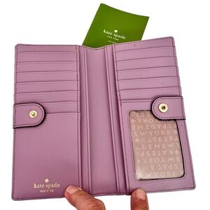 Kate Spade NWOT Large Slim Bifold Wallet, Lavender Saffiano Leather Snap Closure